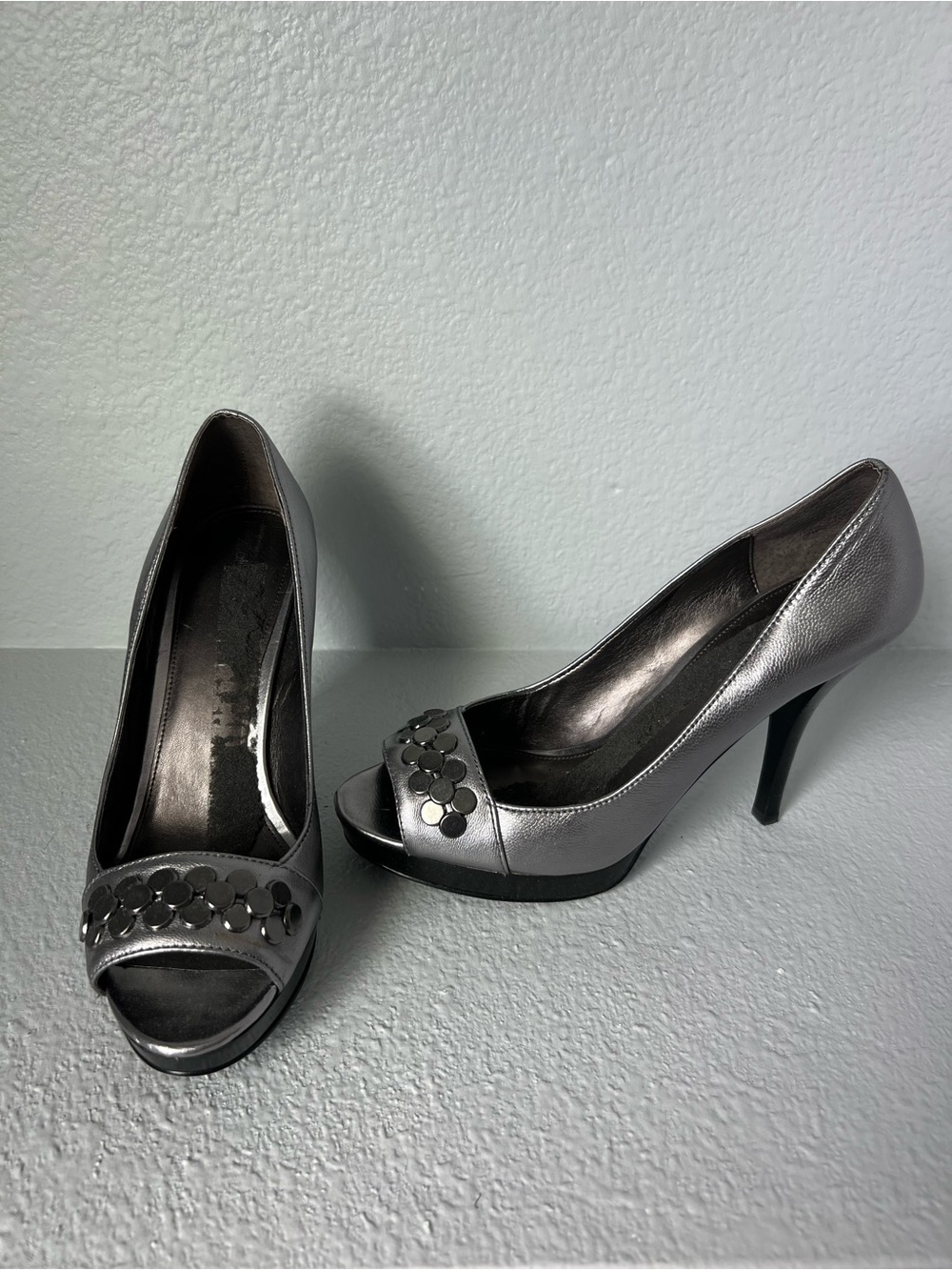 Calvin Klein Metallic Silver Peep-Toe Heels with Disc Accents